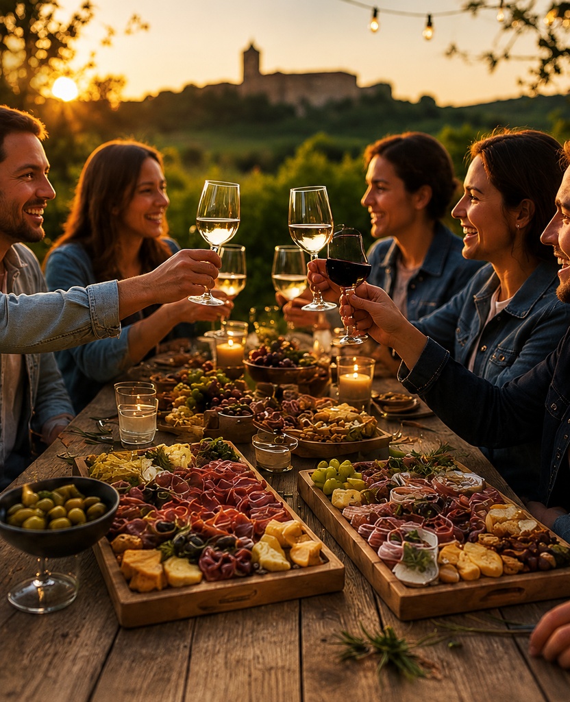 Apéritif partagé entre amis autour d'une planche et de verres de vin