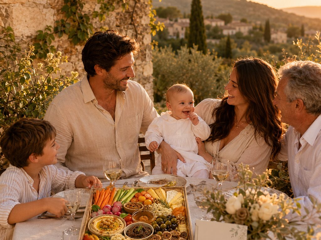Plateau apéritif baptême et repas de famille — ambiance douce, Gard et Provence