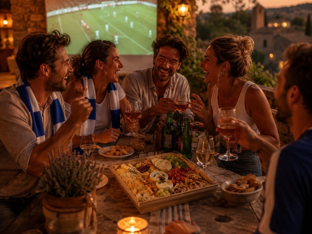 Plateau apéritif soirée match entre amis — supporters, boissons, Gard