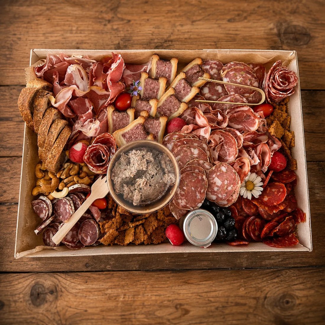 La Charcuterie — planche apéritive charcuterie à emporter (format 4 personnes) : rosette, coppa italienne, jambon sec vieilli, terrine au romarin